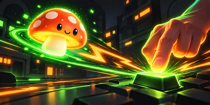 Glowing mushroom cap and keyboard representing faster reflexes